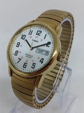 Timex Indiglo 14 Unisex 35mm Gold Tone Easy Reader Date Flex Band Watch NEW BATT